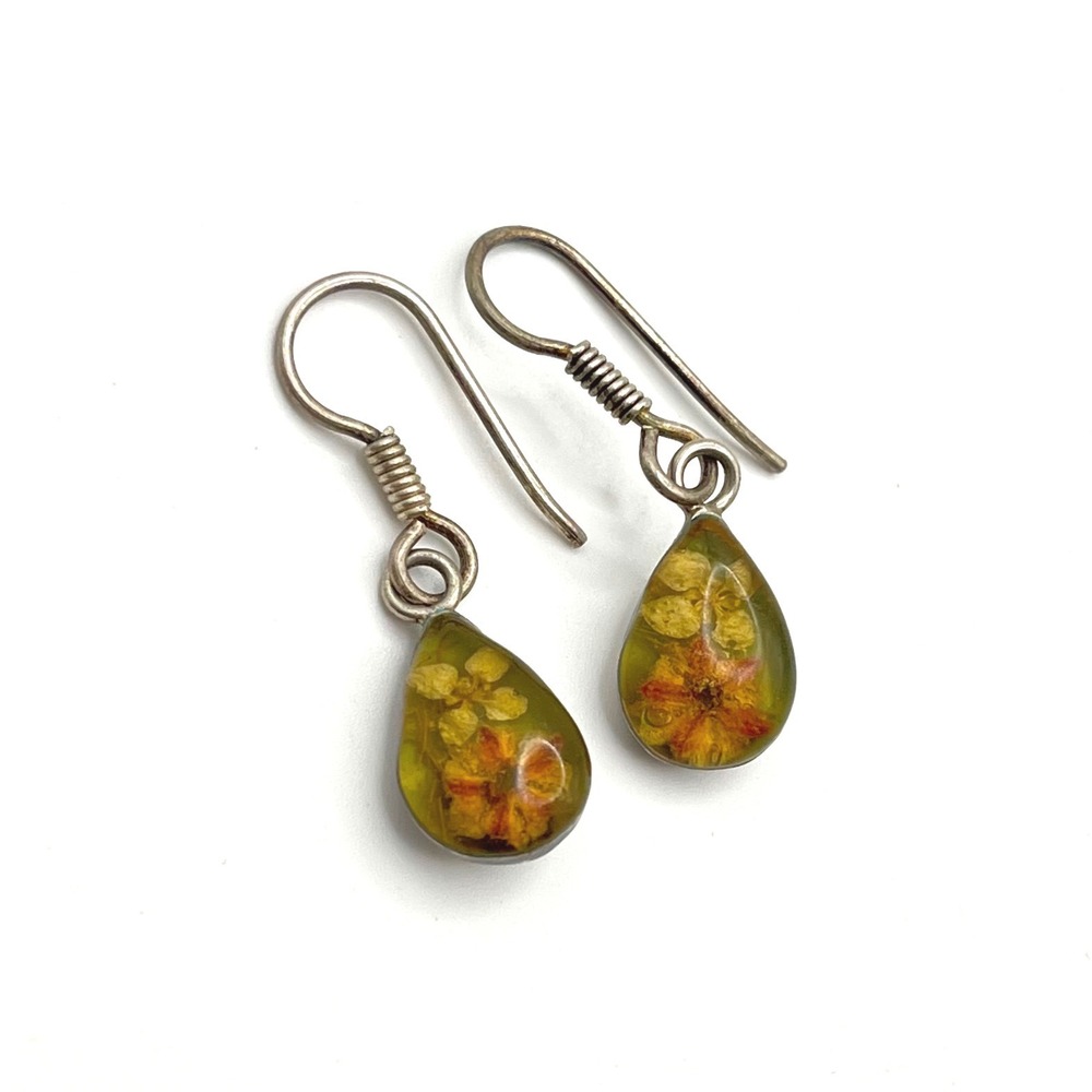 Vintage 925 Sterling Silver Real Pressed Flower Teardrop Dangle Earrings Mexico